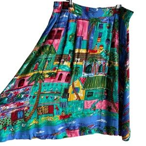 Vintage Colourful Scenic Print Midi Skirt XL Tropical Village Artsy Boho Resort